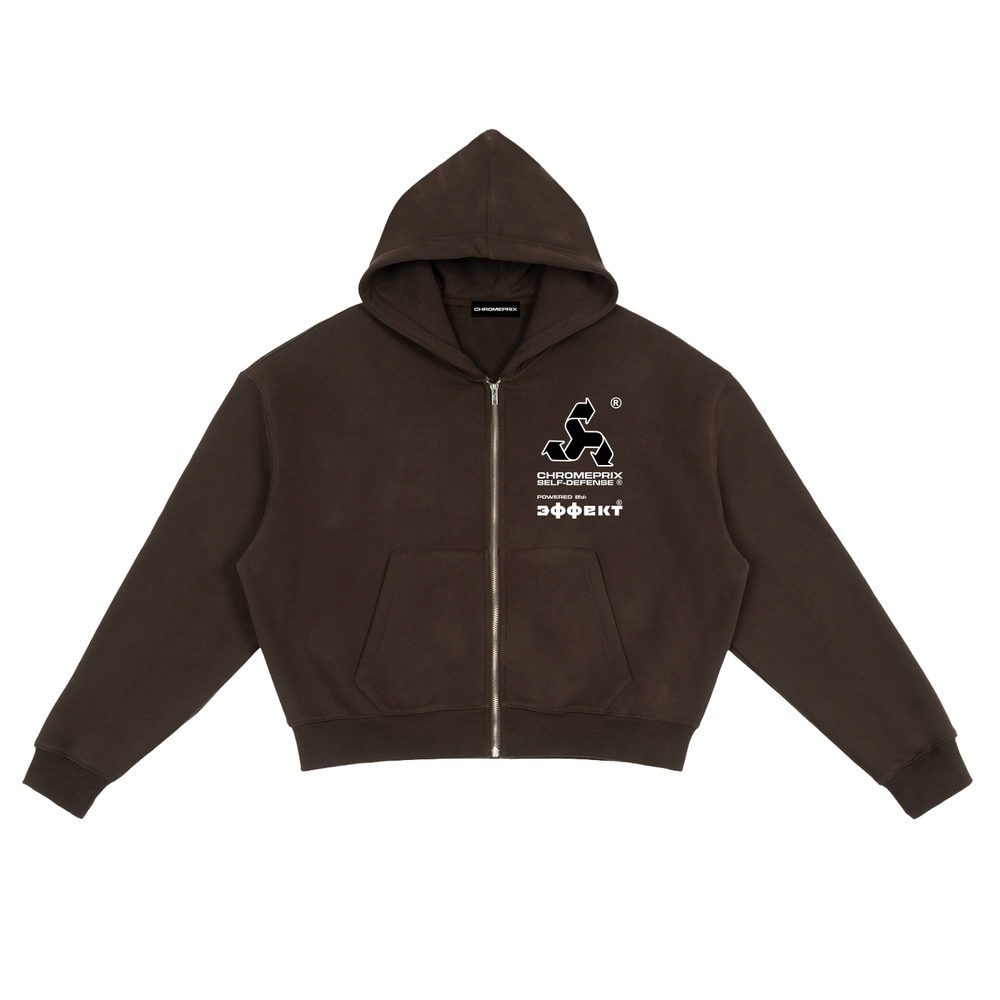 CHROMEPRIX X PROJECT EFFEKT "SCHOOLBAG" BROWN BOXY ZIP-UP HOODIE